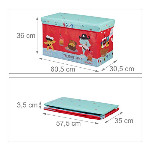 Relaxdays Baúl para Juguetes, Taburete Infantil, Plegable, para niños y niñas, Piratas, 50L, Rojo