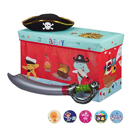 Relaxdays Baúl para Juguetes, Taburete Infantil, Plegable, para niños y niñas, Piratas, 50L, Rojo