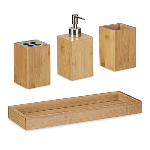 Relaxdays – Set Conjunto de 4 Piezas para el Cuarto de baño, bambú, 18.5 x 25 x 10.5 cm, Soporte de Cepillo de Dientes, dispensador de jabón, Vaso, Natural, Color Natural