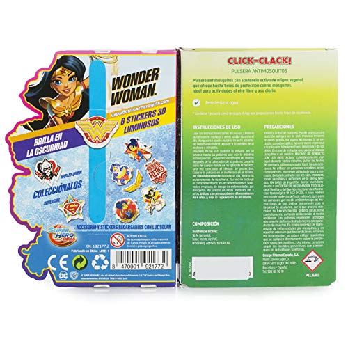 Relec Pulsera Antimosquitos Wonder Woman - Eficaz contra el mosquito tigre, Resistente al agua, Contiene 2 recargas