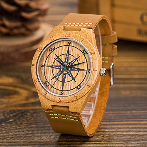 Reloj de Madera de Cuero, Relojes de brújula de bambú Hechos a Mano MUJUZE, Relojes de Pulsera para Hombre con Correa de Vaca marrón (Bamboo Compass)