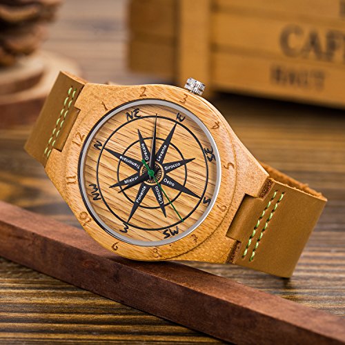 Reloj de Madera de Cuero, Relojes de brújula de bambú Hechos a Mano MUJUZE, Relojes de Pulsera para Hombre con Correa de Vaca marrón (Bamboo Compass)