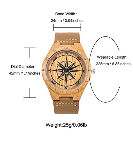 Reloj de Madera de Cuero, Relojes de brújula de bambú Hechos a Mano MUJUZE, Relojes de Pulsera para Hombre con Correa de Vaca marrón (Bamboo Compass)