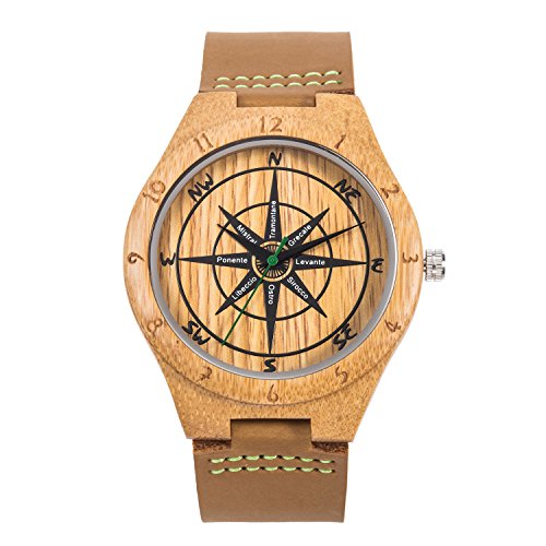 Reloj de Madera de Cuero, Relojes de brújula de bambú Hechos a Mano MUJUZE, Relojes de Pulsera para Hombre con Correa de Vaca marrón (Bamboo Compass)