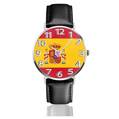 Reloj de Pulsera Reloj de Cuarzo Casual clásico con Bandera de España Reloj de Correa de Cuero Negro Relojes de Negocios/Oficina/Trabajo/Escuela
