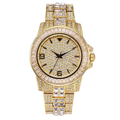 Reloj Diamond Diamond Watch con Reloj de Hip Hop Completo para Hombres Bling Bling Reloj de Diamantes simulado Reloj (Oro)