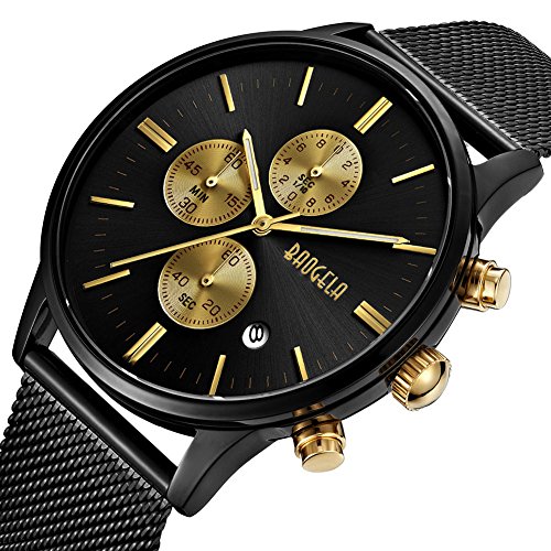 Reloj Hombre Acero Inoxidable Oro, Correa de Milanese Malla Negro, Cuarzo Analógico Elegante, Cronógrafo y resistente al agua - BAOGELA Brand
