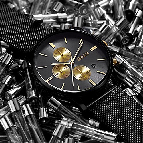 Reloj Hombre Acero Inoxidable Oro, Correa de Milanese Malla Negro, Cuarzo Analógico Elegante, Cronógrafo y resistente al agua - BAOGELA Brand