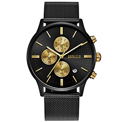 Reloj Hombre Acero Inoxidable Oro, Correa de Milanese Malla Negro, Cuarzo Analógico Elegante, Cronógrafo y resistente al agua - BAOGELA Brand