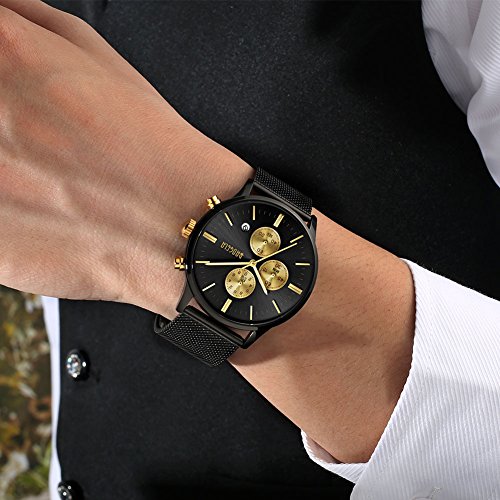 Reloj Hombre Acero Inoxidable Oro, Correa de Milanese Malla Negro, Cuarzo Analógico Elegante, Cronógrafo y resistente al agua - BAOGELA Brand