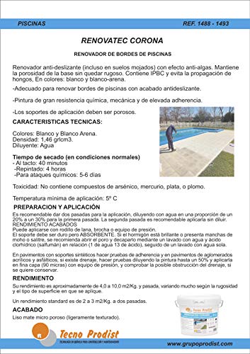 RENOVATEC CORONA de Tecno Prodist - (5 kg) BLANCO ARENA Pintura renovación bordes de piscinas o piedra de coronación - Antideslizante - Antialgas - Fácil Aplicación