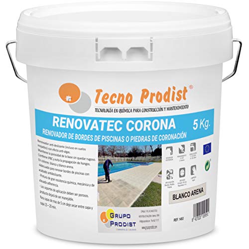 RENOVATEC CORONA de Tecno Prodist - (5 kg) BLANCO ARENA Pintura renovación bordes de piscinas o piedra de coronación - Antideslizante - Antialgas - Fácil Aplicación