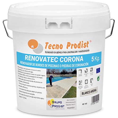 RENOVATEC CORONA de Tecno Prodist - (5 kg) BLANCO ARENA Pintura renovación bordes de piscinas o piedra de coronación - Antideslizante - Antialgas - Fácil Aplicación
