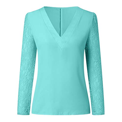 ReooLy New Women Fashion Lace Camiseta de Manga Larga con Cuello en V Blusa Casual Ladies Tops(XXL,Verde)