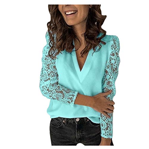 ReooLy New Women Fashion Lace Camiseta de Manga Larga con Cuello en V Blusa Casual Ladies Tops(XXL,Verde)