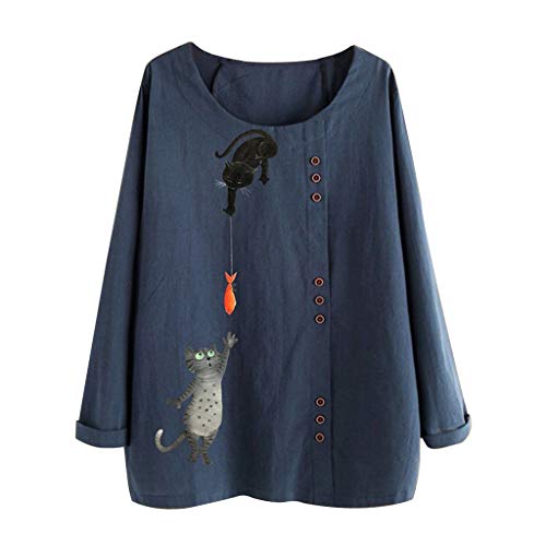 ReooLy Plus Size Camiseta de Manga Larga de algodón y Lino con Cuello Redondo y Estampado para Mujer（A-Armada,XXXXXL）