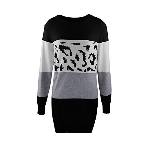 ReooLy suéter Casual de Manga Larga para Mujer con Estampado de Leopardo y Bloques de Color Sueltos(XL,A-Negro)