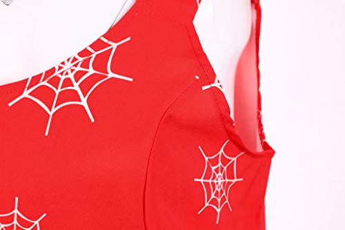 ReooLy Vestido de Fiesta de Fiesta con Cuello en v sin Mangas Retro con Estampado de Halloween para Mujer(C-Rojo,L)