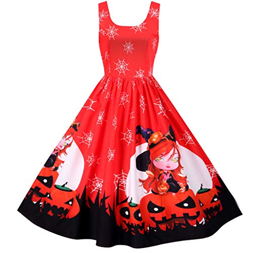 ReooLy Vestido de Fiesta de Fiesta con Cuello en v sin Mangas Retro con Estampado de Halloween para Mujer(C-Rojo,L)
