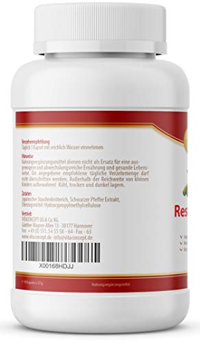 Resveratrol con 500 mg por cápsula – 90 cápsulas (3 meses) – Trans-Resveratrol de origen japonés – Probado en laboratorio, vegano y alta dosis – Fabricado en Alemania VITACONCEPT