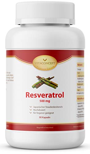 Resveratrol con 500 mg por cápsula – 90 cápsulas (3 meses) – Trans-Resveratrol de origen japonés – Probado en laboratorio, vegano y alta dosis – Fabricado en Alemania VITACONCEPT