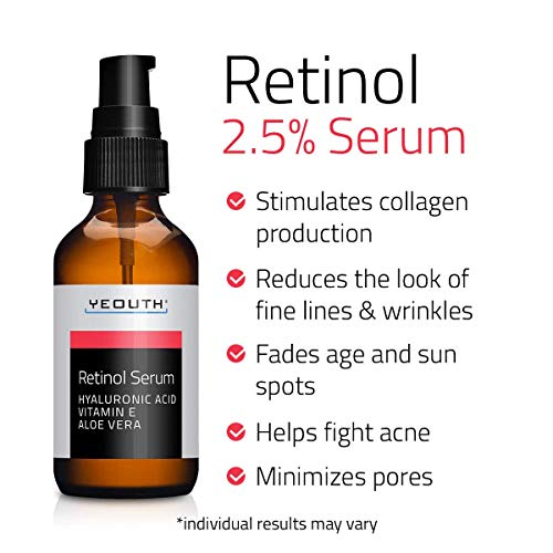 Retinol Serum 2.5% con ácido hialurónico, Aloe Vera, Vitamina E - Aumenta la producción de colágeno, Reduce arrugas, líneas finas - 1 oz - Yeouth (2oz)