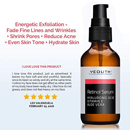 Retinol Serum 2.5% con ácido hialurónico, Aloe Vera, Vitamina E - Aumenta la producción de colágeno, Reduce arrugas, líneas finas - 1 oz - Yeouth (2oz)