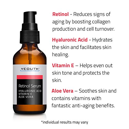 Retinol Serum 2.5% con ácido hialurónico, Aloe Vera, Vitamina E - Aumenta la producción de colágeno, Reduce arrugas, líneas finas - 1 oz - Yeouth (2oz)