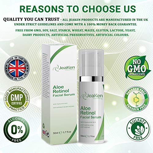 RETINOL SERUM FACIAL PIEL MIXTA - Botella de 50 ml Aloe Serum Retinol Puro - Retinol Puro Para La Cara - Fórmula Antienvejecimiento Para Arrugas, Líneas Finas Con Ácido Hialurónico y Vitamina E