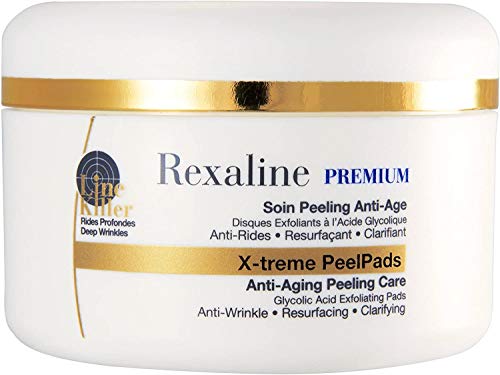 Rexaline - X-treme Peel Pads - Cuidado peeling anti-edad - Peeling facial con ácido glicólico - Aclarante y exfoliante - Dúo de ácido hialurónico - Cruelty free - 30 discos x 2ml