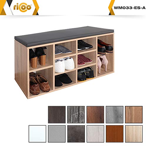 RICOO WM033-ES-A, Banco Zapatero, 104x49x30cm, Armario Interior con Asiento, Organizador Zapatos, Mueble recibidor, Perchero, Madera Roble marrón
