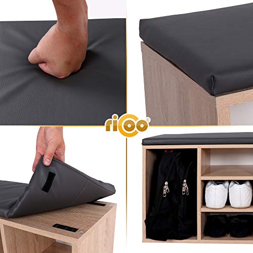 RICOO WM033-ES-A, Banco Zapatero, 104x49x30cm, Armario Interior con Asiento, Organizador Zapatos, Mueble recibidor, Perchero, Madera Roble marrón