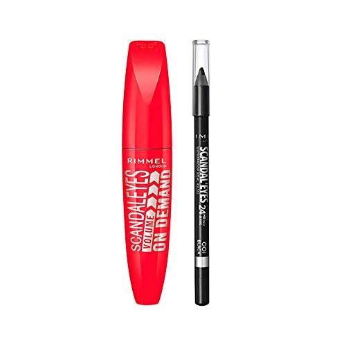 Rimmel London Look Ojos: Máscara Volume on Demand Tono 1 Black + Eyeliner Scandaleyes Khol Kajal Waterproof Tono 1