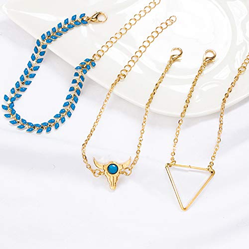 RIsxffp 3Pcs/Set Pulsera Mujer, Mujer Cabeza de Vaca Deja triángulo Brazalete Pulsera Regalo de la joyería Blue+Golden