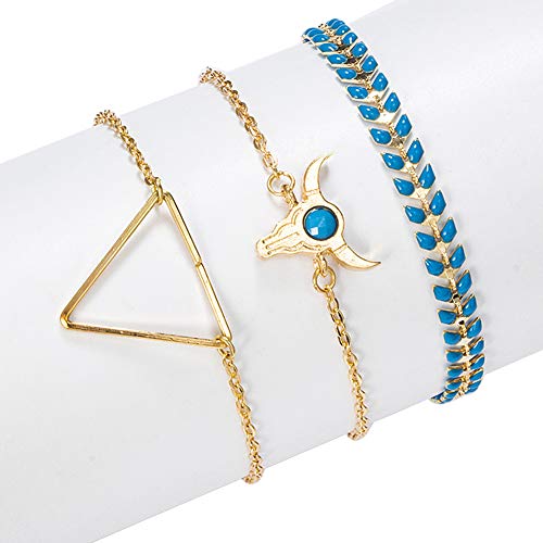 RIsxffp 3Pcs/Set Pulsera Mujer, Mujer Cabeza de Vaca Deja triángulo Brazalete Pulsera Regalo de la joyería Blue+Golden