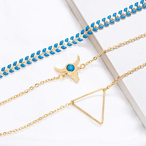 RIsxffp 3Pcs/Set Pulsera Mujer, Mujer Cabeza de Vaca Deja triángulo Brazalete Pulsera Regalo de la joyería Blue+Golden