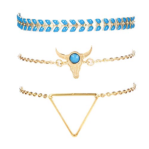 RIsxffp 3Pcs/Set Pulsera Mujer, Mujer Cabeza de Vaca Deja triángulo Brazalete Pulsera Regalo de la joyería Blue+Golden