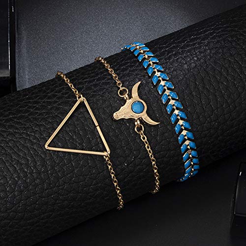 RIsxffp 3Pcs/Set Pulsera Mujer, Mujer Cabeza de Vaca Deja triángulo Brazalete Pulsera Regalo de la joyería Blue+Golden