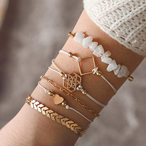 RIsxffp 6 Unids/Set Pulseras Mujer Étnico Mujeres Corazón Flecha Hexágono Charm Bangle Pulsera Regalo de la joyería Golden