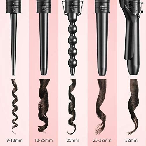 Rizador Pelo 5 en 1, Rizador de Pelo Profesional 9mm/18mm/25mm/32mm de 190-210℃ Temperatura, Doble Voltage 100V - 240V para Rizos Grandes y Ondas Sueltas, 1 Guante de Protector, 1 Pinza