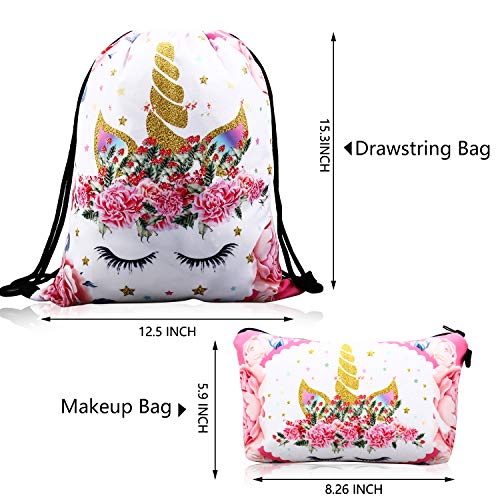 RLGPBON Pack 5 Unicornios Mochila con cordón/Maquillaje Bolsa/Collar de Cadena de aleación/Pulsera/5 Piezas de Lazos para el Cabello Unicornio/Unicornio Drawstring Gift para niñas