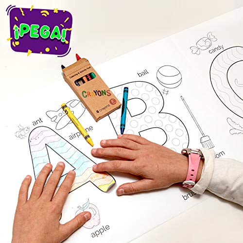 Rollo de papel con dibujos para pintar. Papel continuo adhesivo para niños con letras para colorear, ideal para manualidades infantiles. Regalo para niños (+3 años). Ceras de colores incluidas