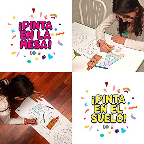 Rollo de papel con dibujos para pintar. Papel continuo adhesivo para niños con letras para colorear, ideal para manualidades infantiles. Regalo para niños (+3 años). Ceras de colores incluidas