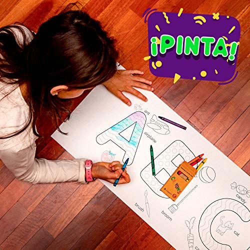 Rollo de papel con dibujos para pintar. Papel continuo adhesivo para niños con letras para colorear, ideal para manualidades infantiles. Regalo para niños (+3 años). Ceras de colores incluidas