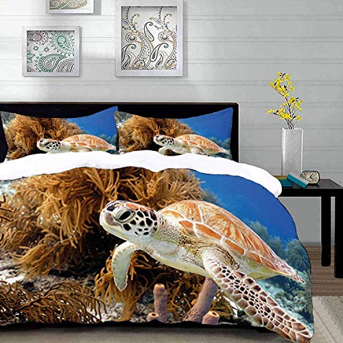 ropa de cama - Juego de funda nórdica, primer plano de tortuga, arrecife de coral y tortuga marina Foto Bonaire Island Waters Maritime, amarillo azul oscuro, juego de funda nórdica de microfibra con 2