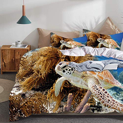 ropa de cama - Juego de funda nórdica, primer plano de tortuga, arrecife de coral y tortuga marina Foto Bonaire Island Waters Maritime, amarillo azul oscuro, juego de funda nórdica de microfibra con 2