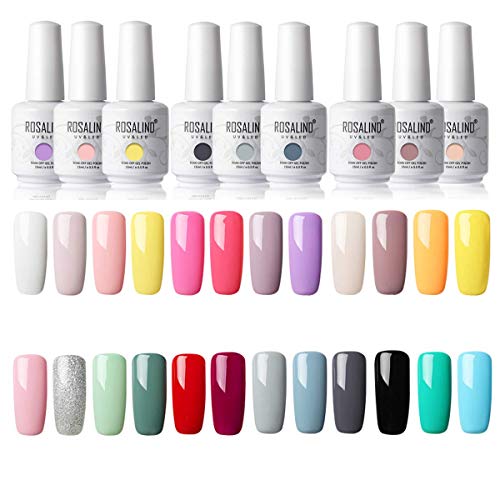 ROSALIND 24PCS/Set Esmalte Semipermanentes UV LED Kit Uñas de Gel, 15ml Pintauñas Semipermanente Soakoff Esmalte de gel de uñas