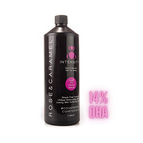 Rose & Caramel Professional - Solución de bronceado en aerosol (1 litro de intensidad negrita y bronceada oscura (14% DHA) solución de bronceado a base de crema de bronceado oscuro