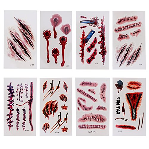 rosenice temporales tatuaje Halloween Tattoo 8 hojas Bluten Wund Cicatrices sangre para Fiesta Cosplay Disfraz Fácil de Promoción y duradero para mujeres hombres niños