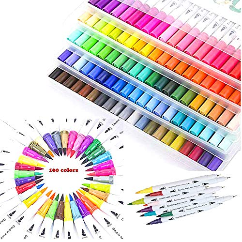 Rotuladores punta pincel acuarela con doble punta 100 colores, punta fina y punta pincel, rotulador a base de agua, para dibujo, caligrafía, bocetos, libros de colorear (R-100Color)